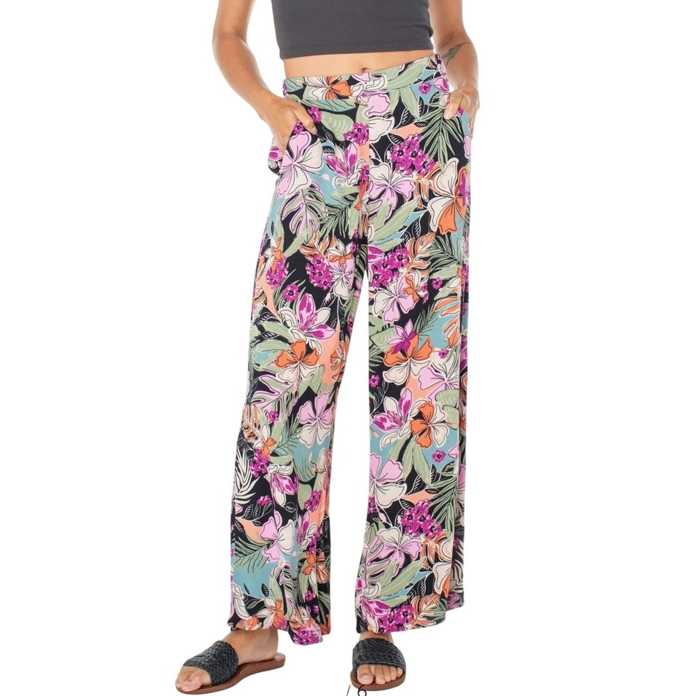 Roxy Tropical Floral Wide Leg Pants Black‎ Pink Viscose Elastic Waist